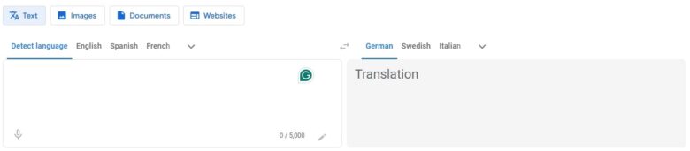 A screenshot of the Google Translate interface, showing text input and translation options in various languages