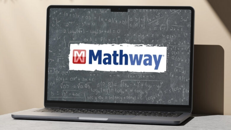 A laptop screen shows the Mathway logo with various math equations in the background